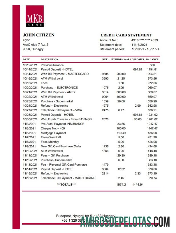 Extrato bancário MKB em branco da Hungria, modelo fácil de preencher em formato de arquivo .xls e .pdf
