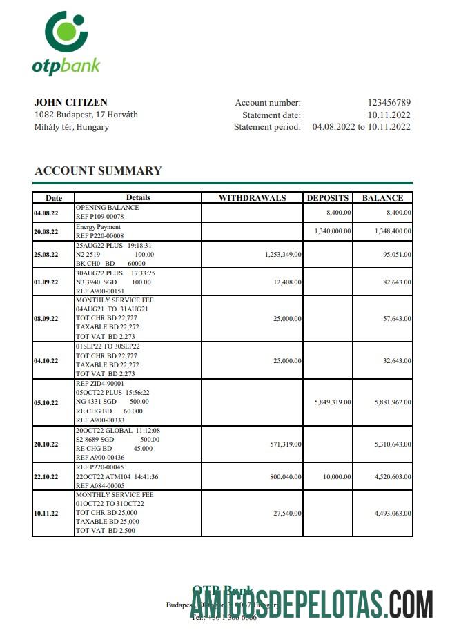 Exemplo de extrato bancário OTP da Hungria Xls