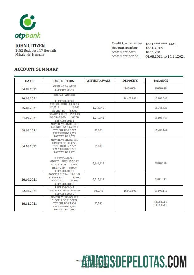 Exemplo de extrato bancário OTP da Hungria
