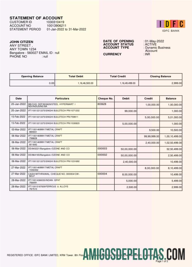 Modelo de primeiro extrato bancário do INDIA IDFC para download, formato Word e PDF, versão 2
