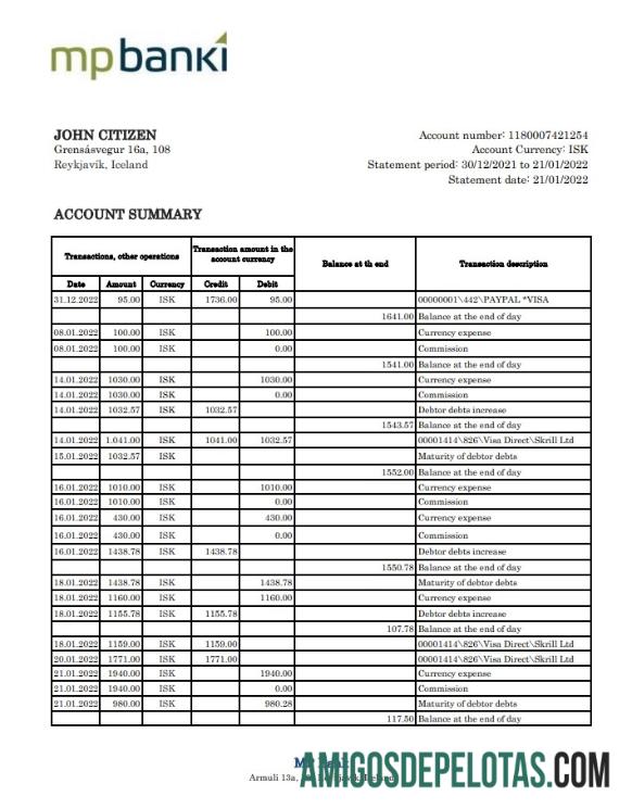 Exemplo de extrato bancário MP da Islândia Xls