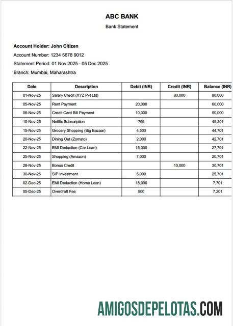 Modelo realista de extrato bancário ABC da Índia em Word e PDF