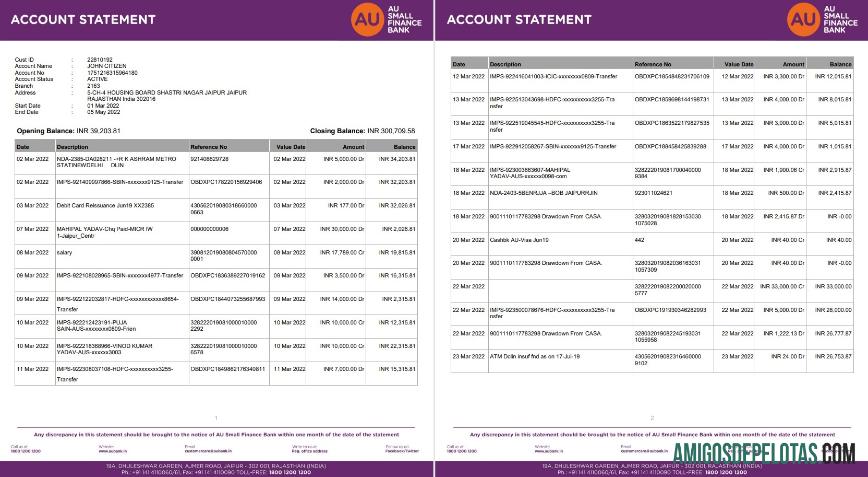India AU Small Finance Bank Statement 5 Pages amostra