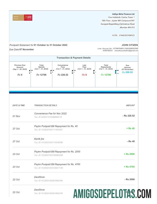 realista Índia Aditya Birla Finance Ltd Extrato bancário falso modelo Word e PDF, 3 páginas