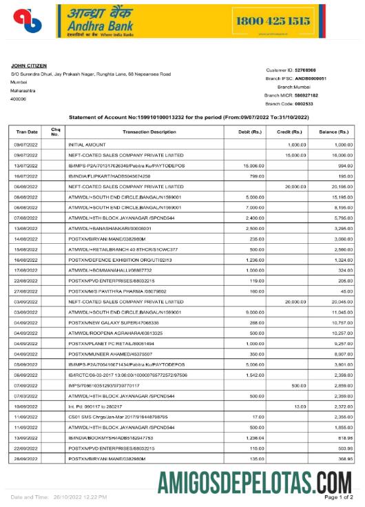 Extrato bancário da Índia Andhra para impressão, modelo Word e PDF, 2 páginas P1