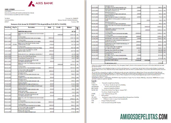 modelo de extrato bancário do eixo da Índia em branco, formato Word e PDF, 2 páginas, versão 2
