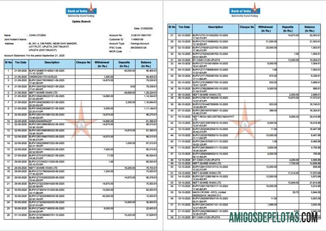 Extrato de conta do India Bank Of India para download, modelo Word e PDF, 2 páginas