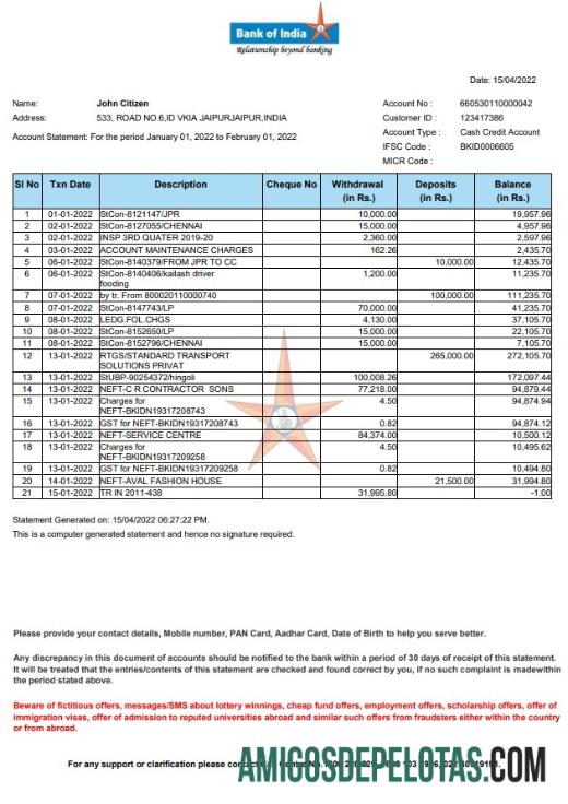 Exemplo de declaração do Banco da Índia da Índia