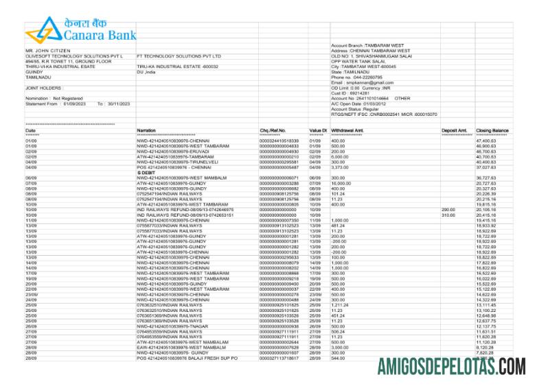 Extrato bancário da Índia Canara para download, modelo Word e PDF, 3 páginas Scr