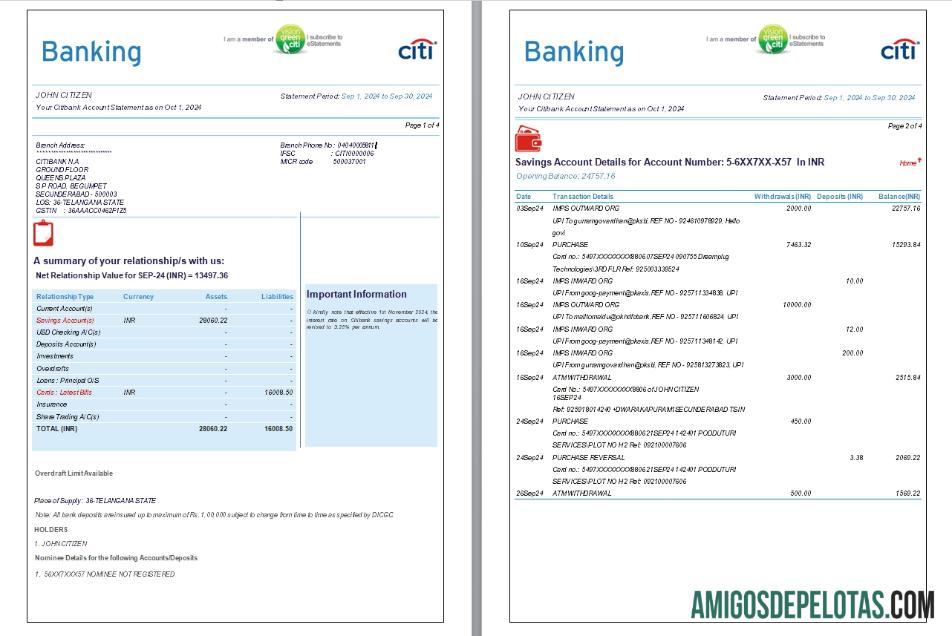 India Citibank Bank Statement, 6 Pages, 1 2 Scr amostra
