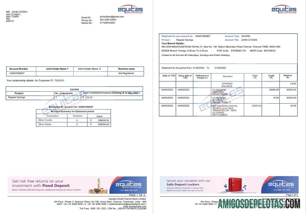 India Equitas Bank Statemnet 3 Pages amostra