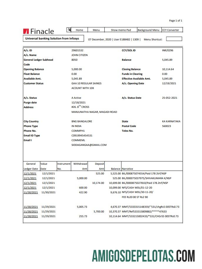 Extrato bancário final da Índia em branco, modelo fácil de preencher em formato Excel e PDF