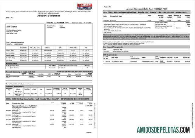 Extrato de conta bancária HDFC da Índia para impressão, modelo Word e PDF, 2 páginas
