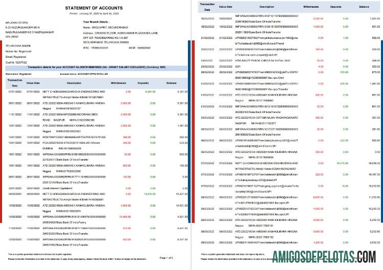 India HDFC Bank Statement 5 Pages modelo