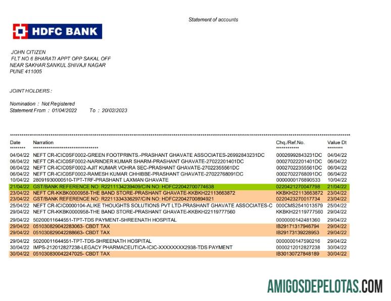 Modelo de extrato bancário HDFC da Índia para download, formato Word e PDF, 2 páginas, versão 2