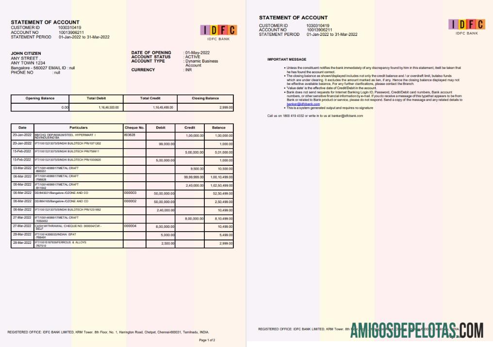 India IDFC Bank Statement 2 Pages, New Version amostra