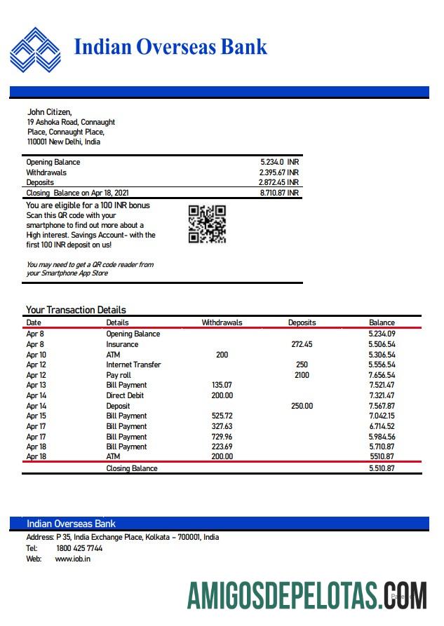 India Indian Overseas modelo de extrato bancário