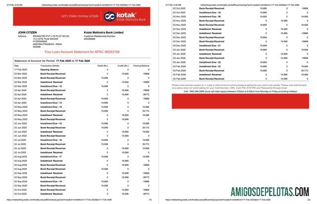 em branco Índia Kotak Mahindra Extrato de conta bancária modelo Word e PDF, 2 páginas