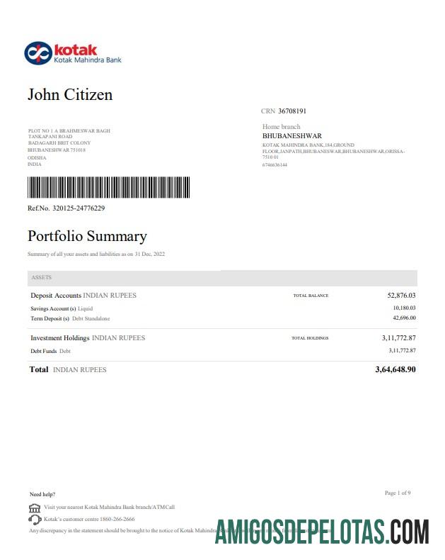 Modelo de extrato bancário realista da Índia Kotak Mahindra, formato Word e PDF, 4 páginas, versão 2