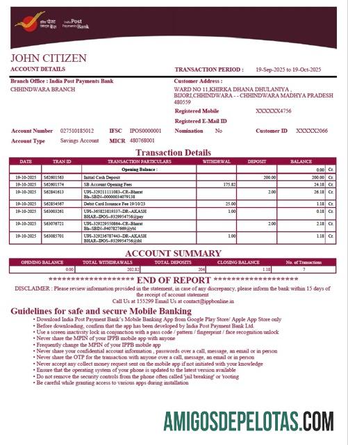 em branco Índia Post Payments Extrato de conta bancária Modelo Word e PDF