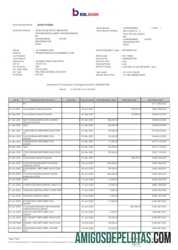 Extrato bancário RBL da Índia para impressão Word e PDF modelo Scr
