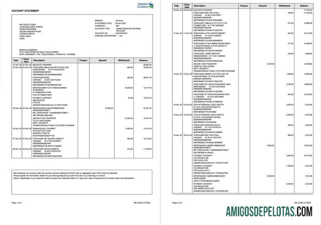 Extrato de conta bancária padrão da Índia para impressão, modelo Word e PDF, 2 páginas, versão 2