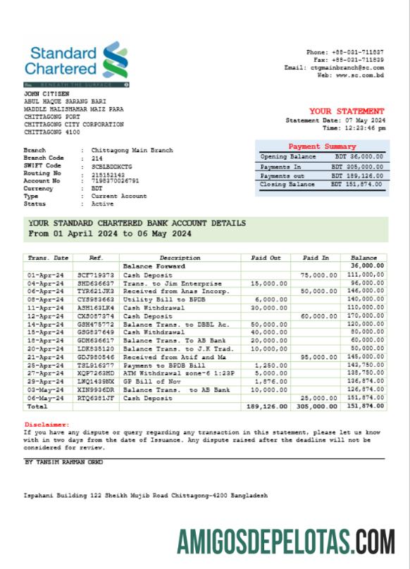 em branco India Standard Chartered modelo de extrato bancário Word e PDF, versão 2