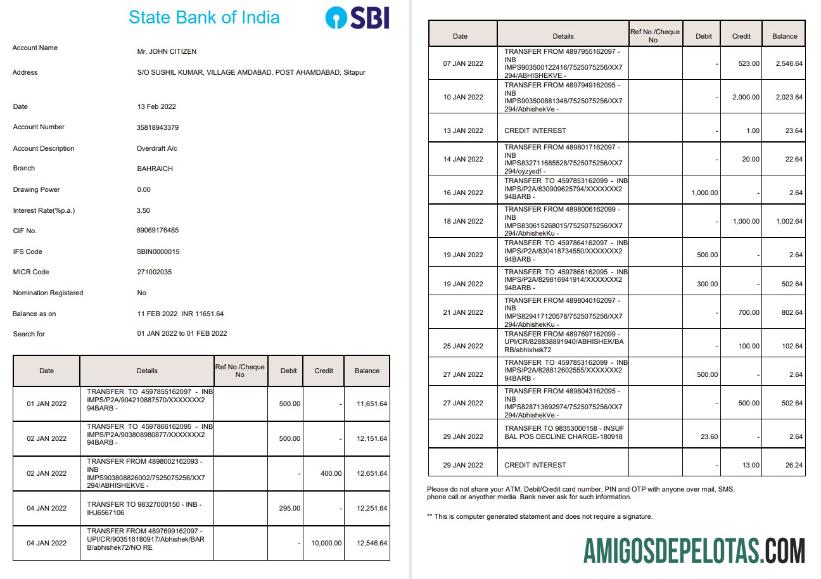Exemplo de extrato bancário de 2 páginas do India State Bank Of India (SBI)