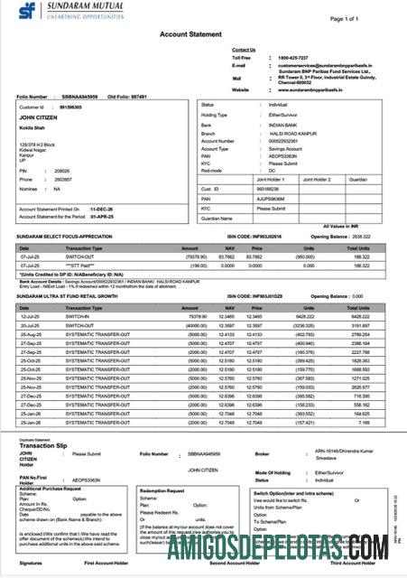 em branco Índia Sundaram Mutual Account Statement modelo Word e PDF
