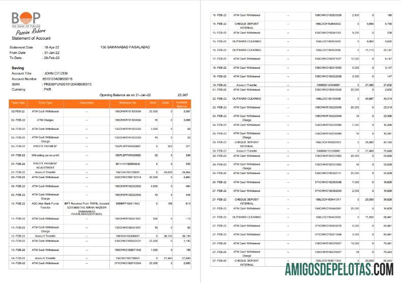 Índia Extrato de conta do Bank Of Punjab (BOP), exemplo de 3 páginas
