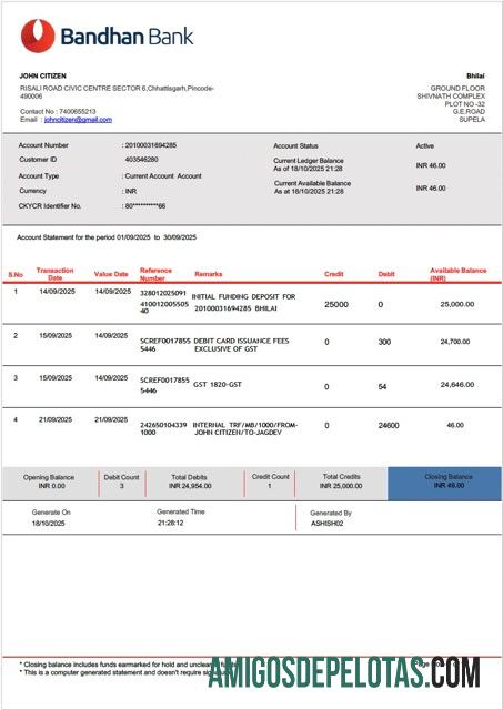 Extrato de conta bancária da Índia Bandhan para impressão, modelo Word e PDF