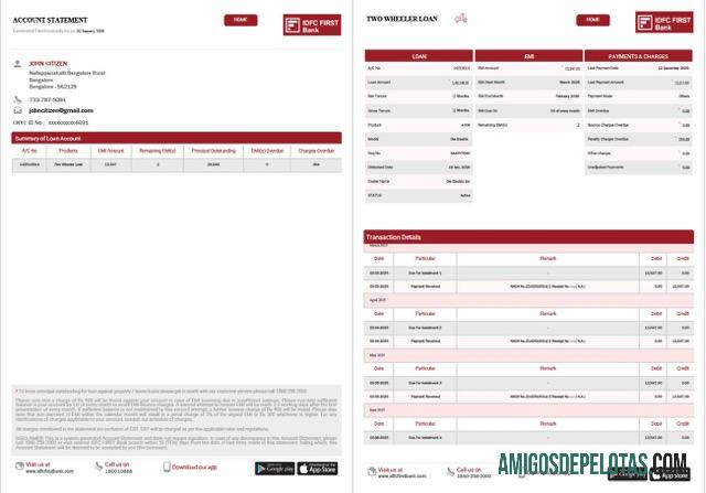 em branco Índia IDFC First Bank Limited Extrato de conta modelo Word e PDF, 2 páginas