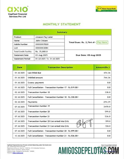 Extrato de conta bancária da Índia Karur Vysya para download, modelo Word e PDF, versão 2