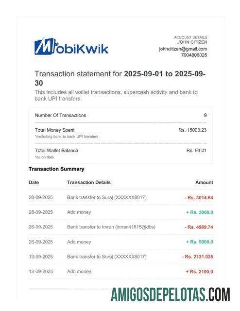 Declaração de transação MobiKwik da Índia para download, modelo Word e PDF