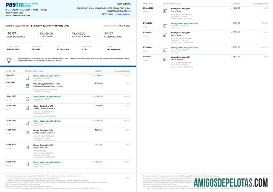 Modelo de extrato bancário indiano Paytm de 2 páginas