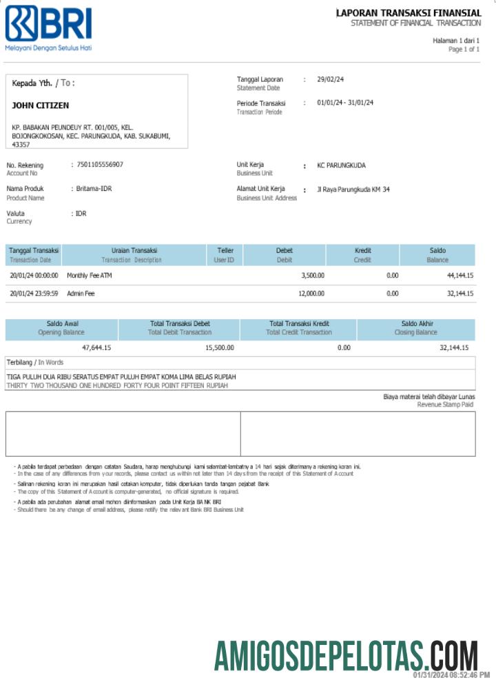 Indonesia Bank BRI Statement Word And PDF examplo amostra