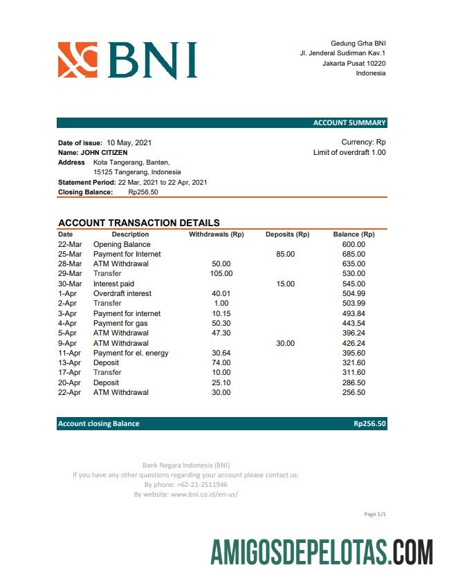 Exemplo de Excel do Banco da Indonésia Negara Indonésia (BNI)