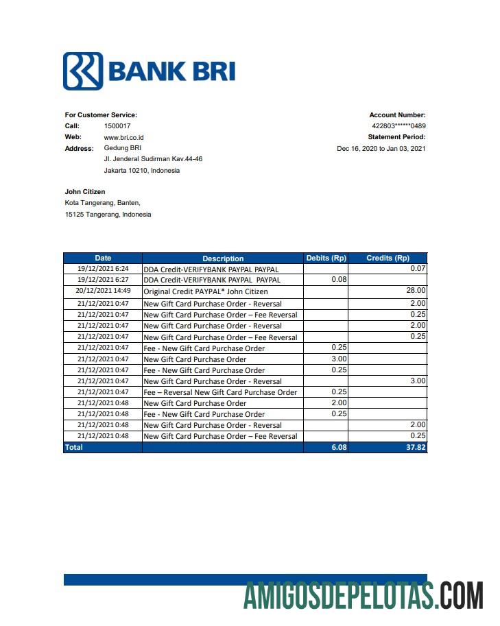 Modelo de extrato bancário em branco do Banco da Indonésia Rakyat Indonesia (BRI) em formato de arquivo .xls e .pdf