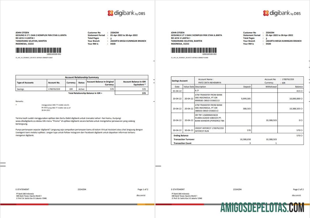 Modelo de extrato de 2 páginas do DBS Digibank da Indonésia