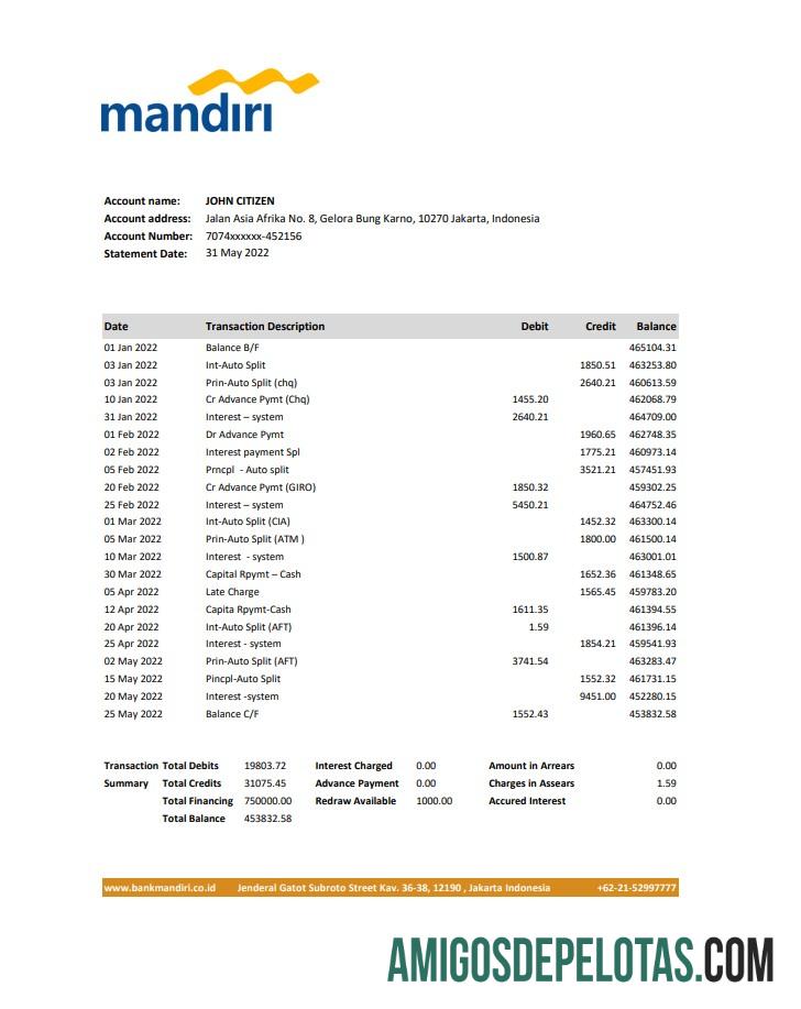 Modelo Xls do extrato bancário Mandiri da Indonésia