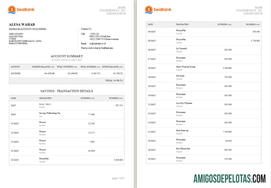 Declaração do Seabank da Indonésia para impressão modelo Word e PDF, 4 páginas 1 2 Scr