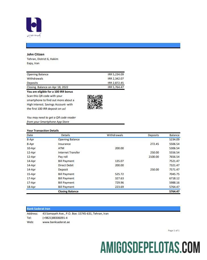 Exemplo de Declaração Xls do Banco Sederat do Irã