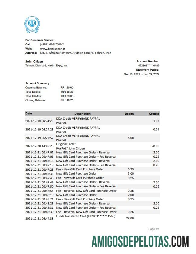 Extrato Sepah do Banco do Irã Xls amostra