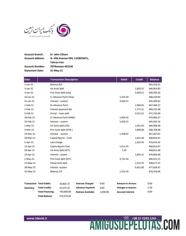 Modelo de extrato bancário do Irã Zamin para impressão em formato Excel e PDF