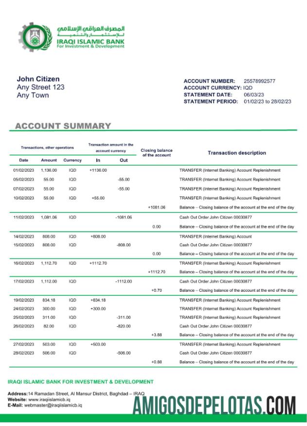 Imprimível Banco Islâmico do Iraque para Investimento e Desenvolvimento Extrato do Banco Modelo Word e PDF