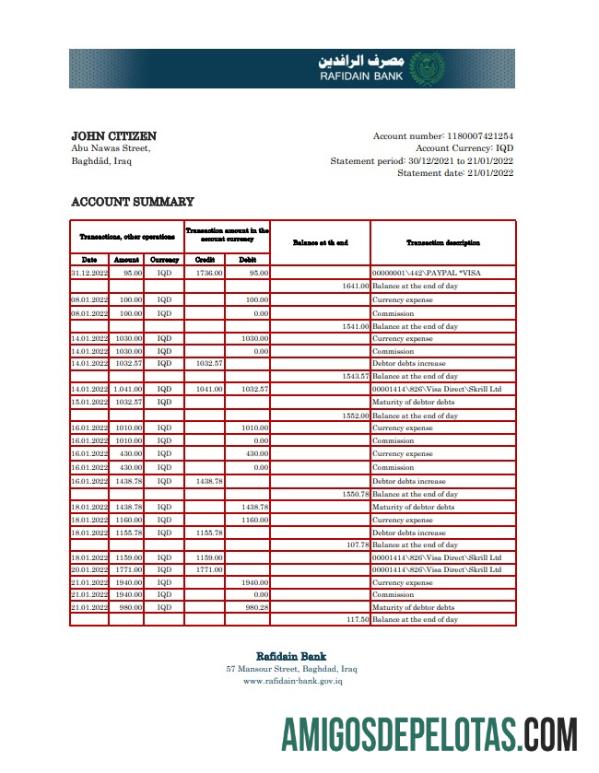 Extrato bancário Rafidain do Iraque em branco Modelo Excel e PDF