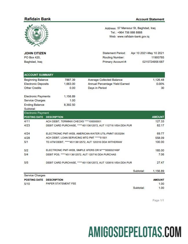Modelo realista de extrato bancário Rafidain do Iraque em formato de arquivo .xls e .pdf