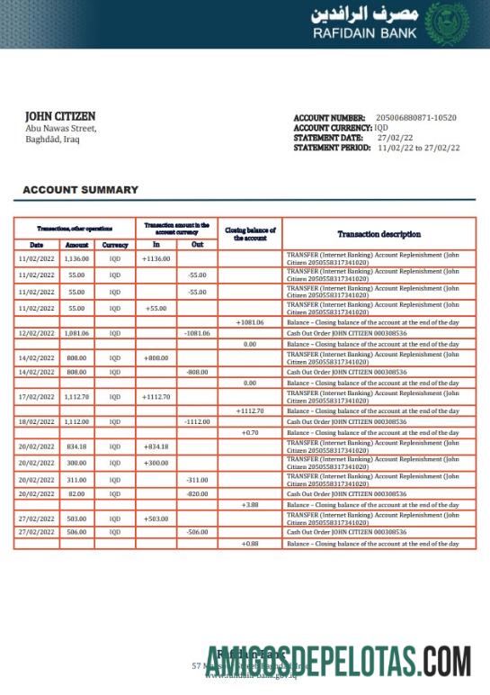 Exemplo de extrato bancário com comprovante de endereço Rafidain do Iraque