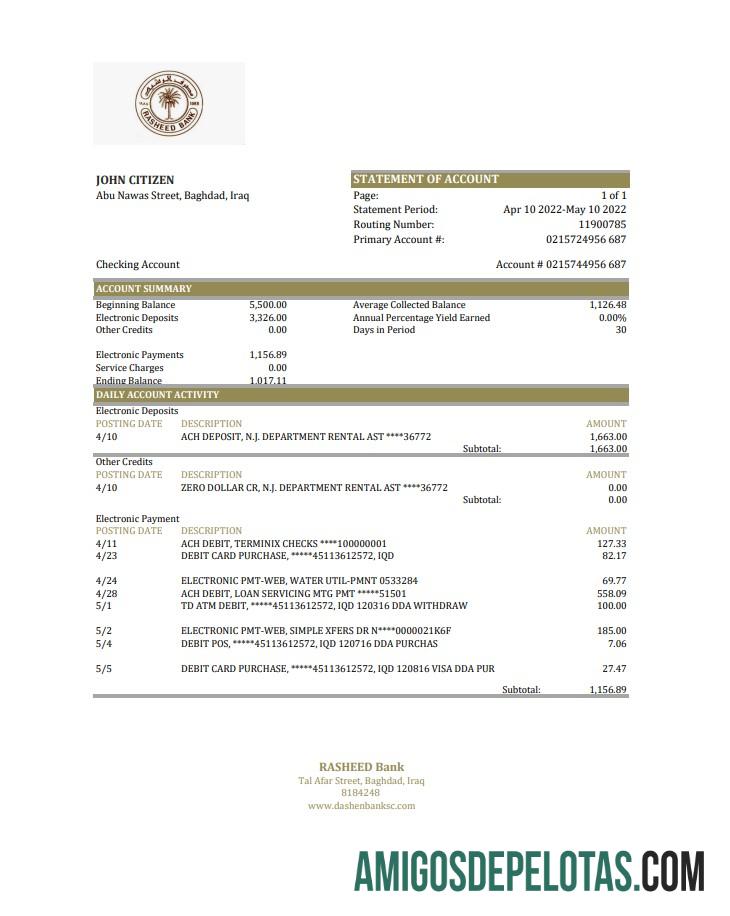 Iraq Rasheed Bank Statement Xls amostra