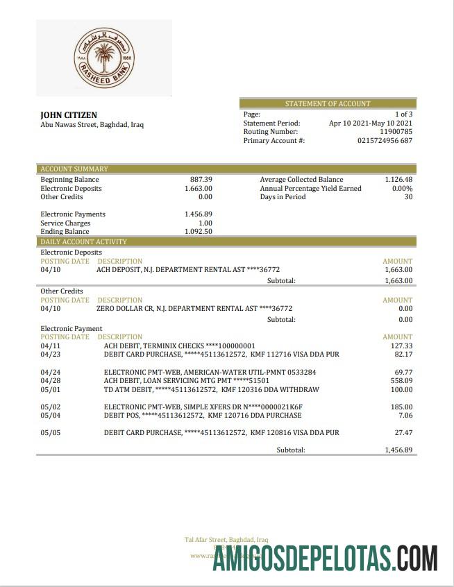 Iraq Rasheed extrato bancário amostra